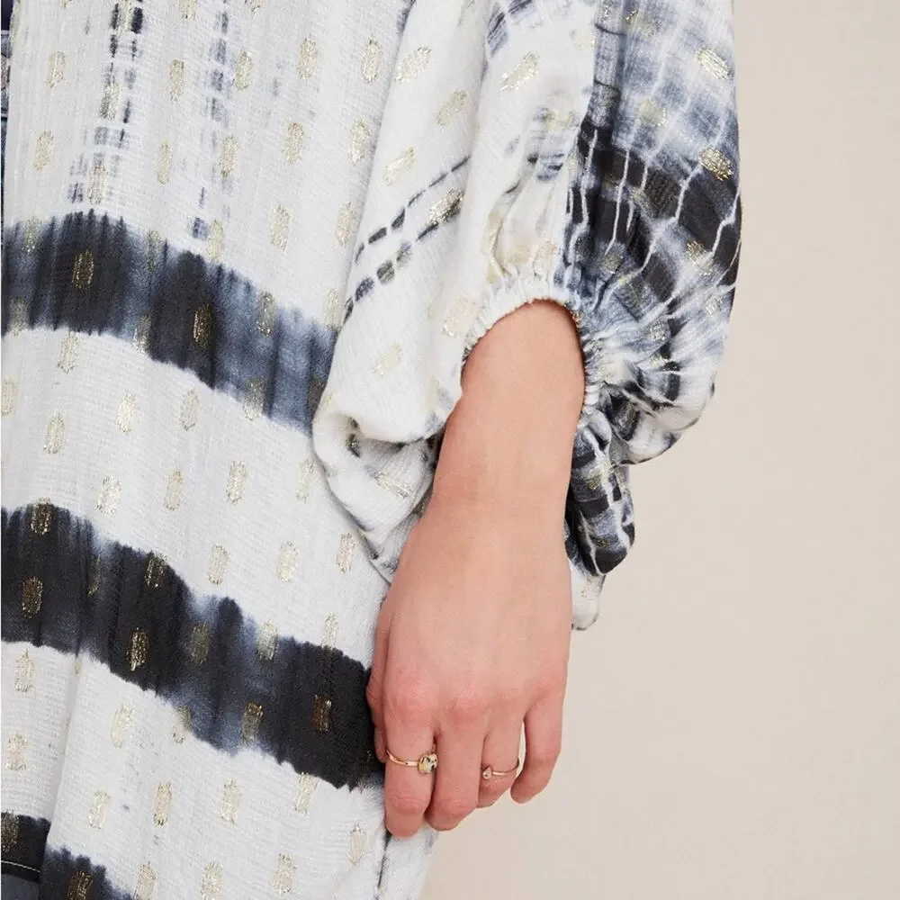 Anthropologie Vada White Blue Gold Shimmer Cocoon Kimono Women’s One Size - Picture 2 of 12